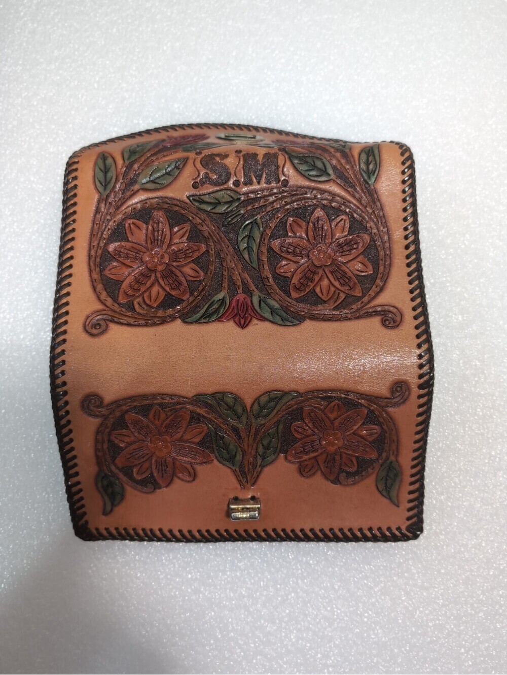 Floral Brown Genuine Leather Vintage Hand-Tooled Clutch/Wallet "SM" Initials - Picture 3 of 5